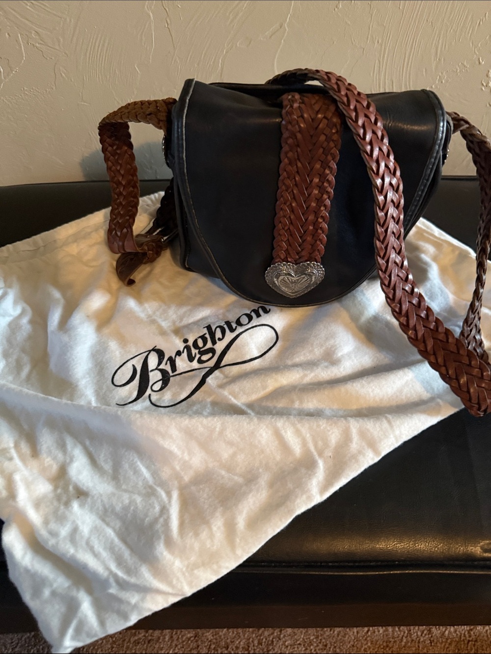Brighton Black Leather Saddle Bag with Braided Brown Strap